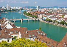 Regeneron location in Basel, Switzerland. Skyline of Basel, Switzerland with the Grosspeter Tower.